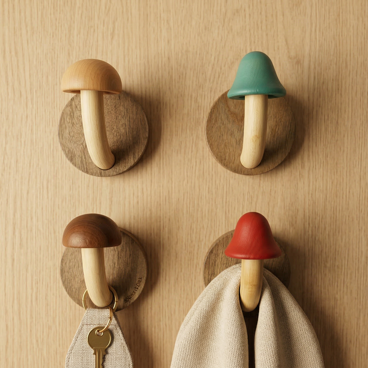 Elara Haus Artisanal Timber Mushroom Wall Hook Set 1