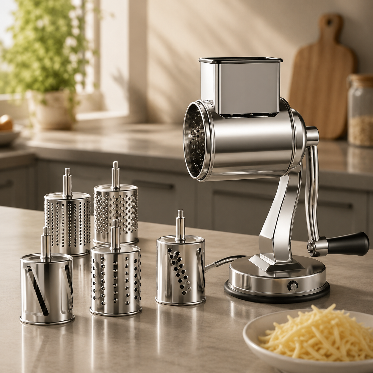 Manual pasta maker with interchangeable attachments on a kitchen counter.
