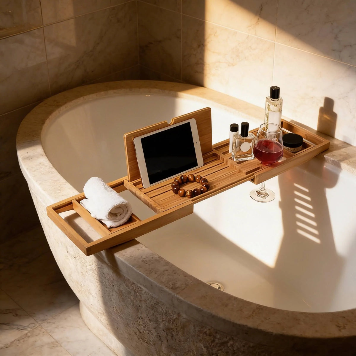 Expandable Bamboo Bath Caddy with Wine Glass Holder Adjustable Book Rest and Phone Stand for Bathtub Relaxation 0