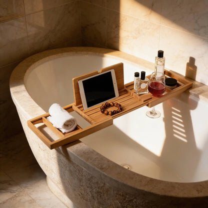 Expandable Bamboo Bath Caddy with Wine Glass Holder Adjustable Book Rest and Phone Stand for Bathtub Relaxation 0