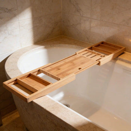Expandable Bamboo Bath Caddy with Wine Glass Holder Adjustable Book Rest and Phone Stand for Bathtub Relaxation 1