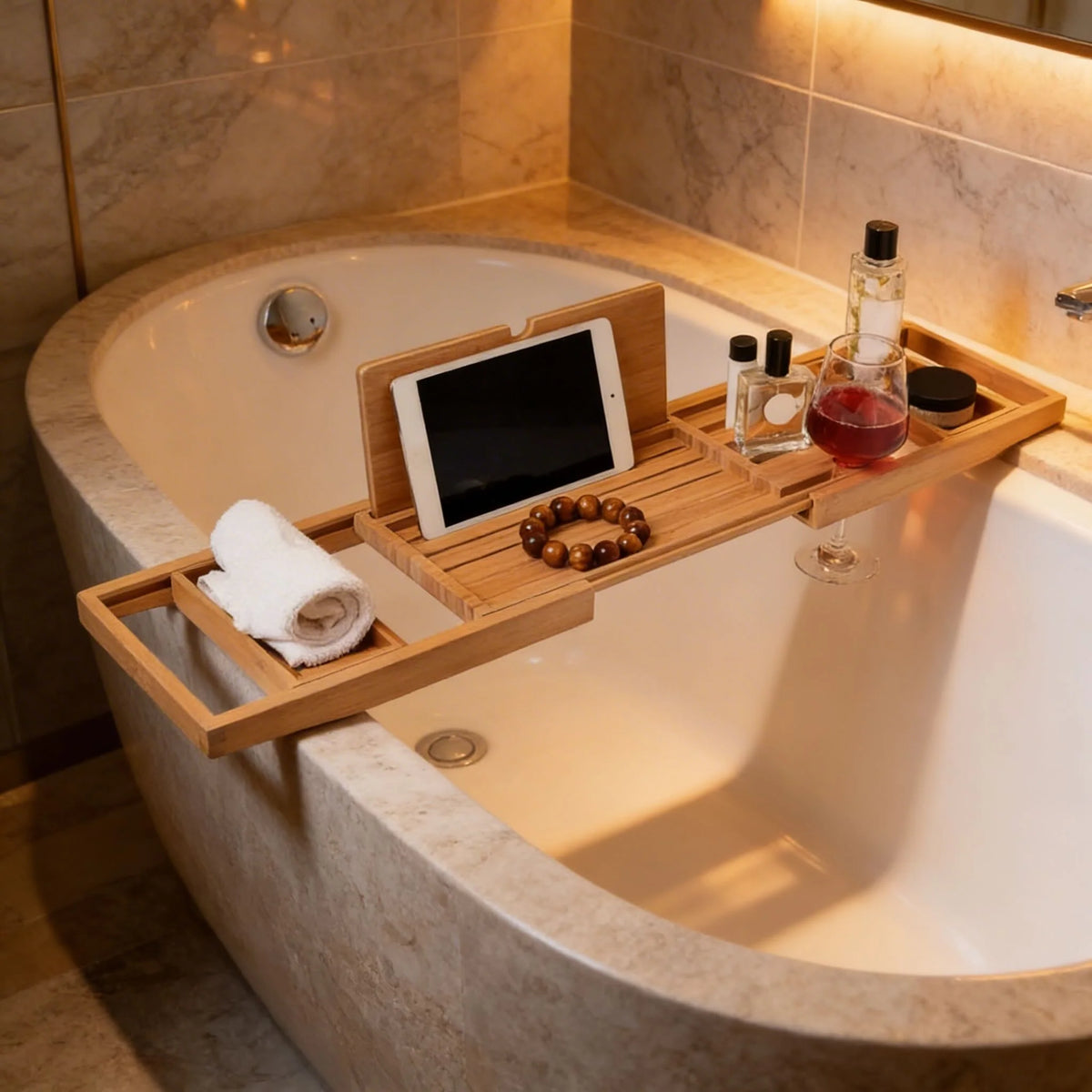 Expandable Bamboo Bath Caddy with Wine Glass Holder Adjustable Book Rest and Phone Stand for Bathtub Relaxation 2
