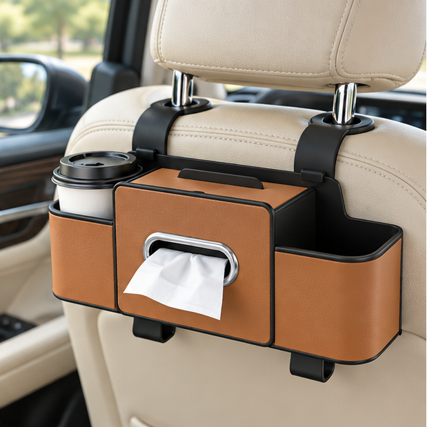 Royeva Car Seat Back Organizer-PU Leather Storage Box with Tissue Holder and Cup Holder