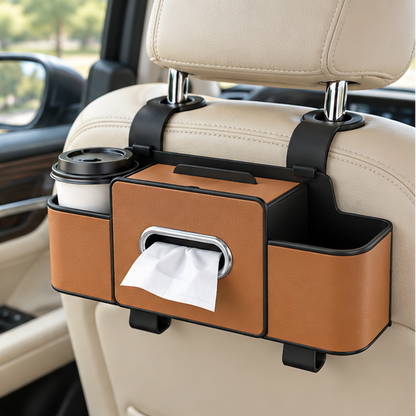 Royeva Car Seat Back Organizer-PU Leather Storage Box with Tissue Holder and Cup Holder