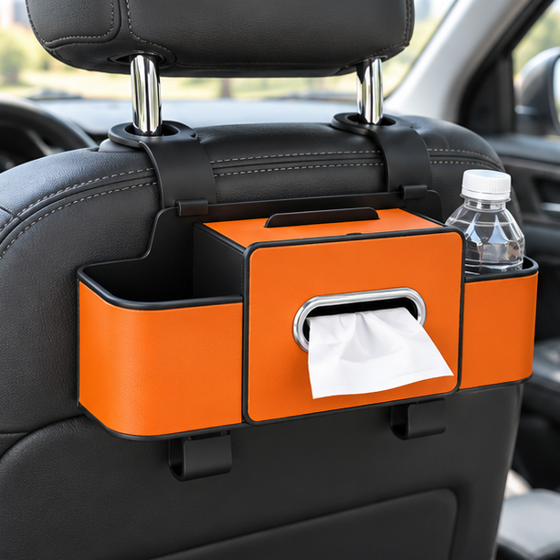 Royeva Car Seat Back Organizer-PU Leather Storage Box with Tissue Holder and Cup Holder