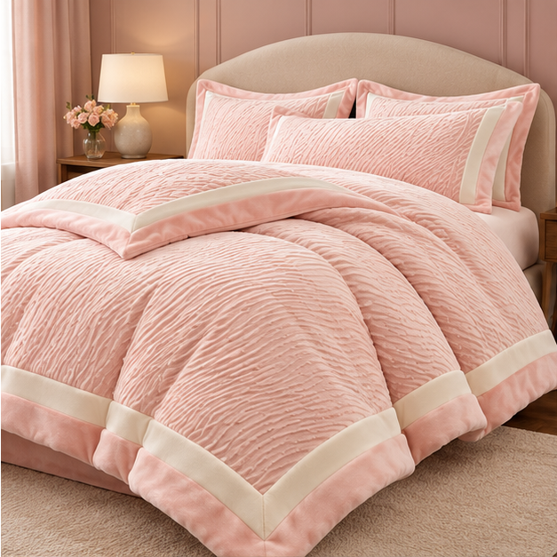 Royora 4-Piece Milk Velvet Bedding Set with Textured Duvet Cover & Pillowcases