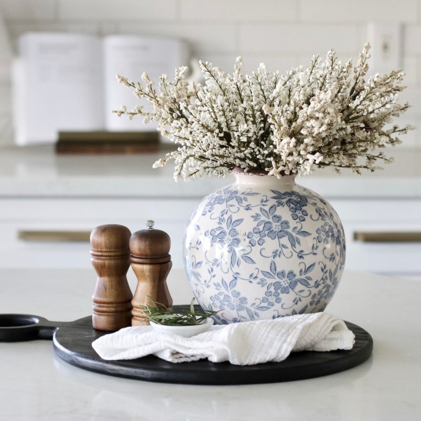 French Country Blue and White Floral Vase | Rustic Ceramic Ginger Jar 0