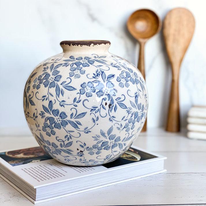 French Country Blue and White Floral Vase | Rustic Ceramic Ginger Jar 1