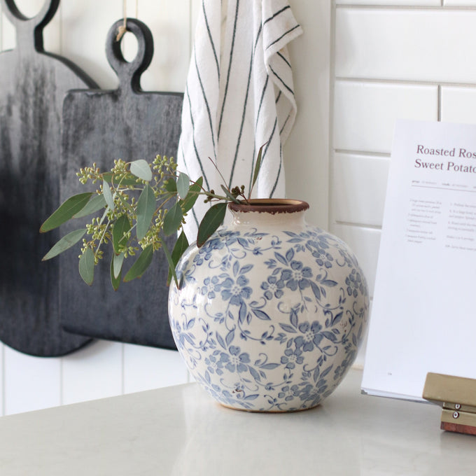 French Country Blue and White Floral Vase | Rustic Ceramic Ginger Jar 3