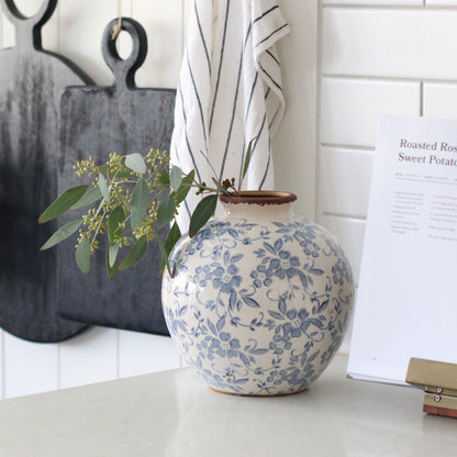 French Country Blue and White Floral Vase | Rustic Ceramic Ginger Jar 3