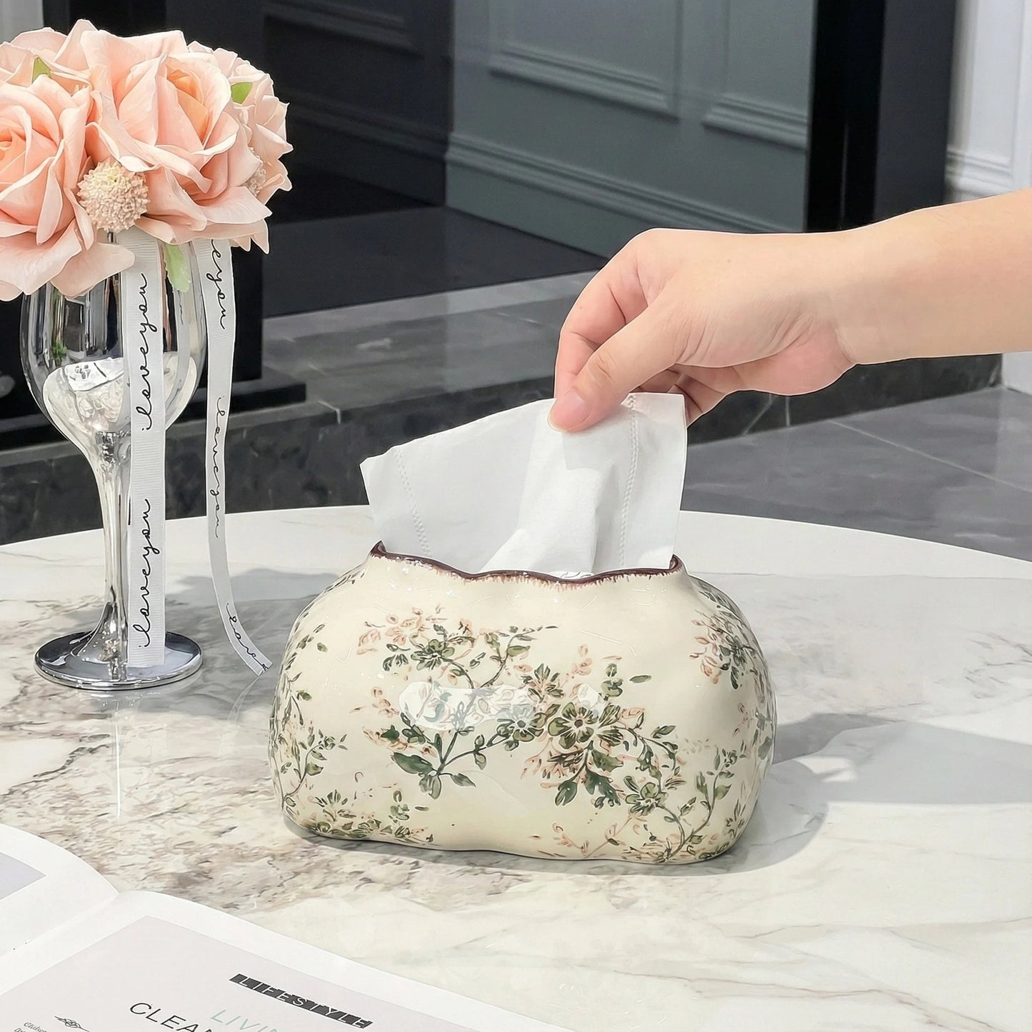 French Country Floral Tissue Box Cover | Vintage Crackle Glaze Decor 2