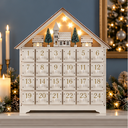 Royeva Wooden House Advent Calendar With Drawers Illuminated Christmas Countdown