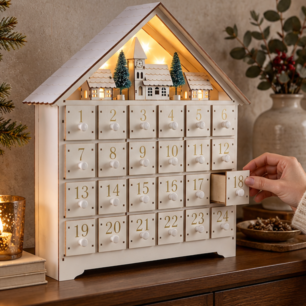 Royeva Wooden House Advent Calendar With Drawers Illuminated Christmas Countdown