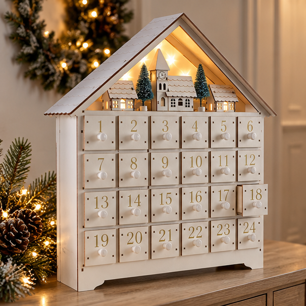 Royeva Wooden House Advent Calendar With Drawers Illuminated Christmas Countdown