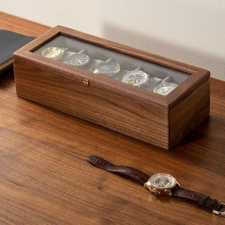 Eloria Walnut Watch Display Case Top for Men with Glass Lid & Soft Microfiber Interior
