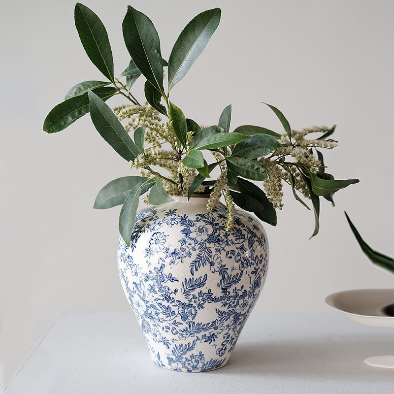 Hand-Painted Blue & White Ceramic Vase | Rustic Chinoiserie Floral Decor 0