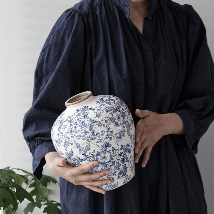 Hand-Painted Blue & White Ceramic Vase | Rustic Chinoiserie Floral Decor 1