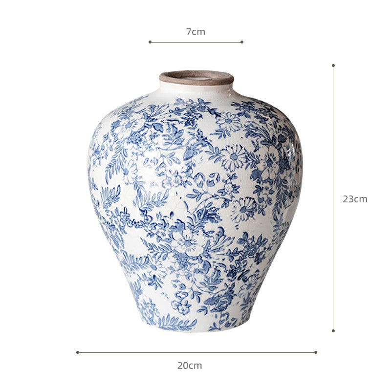 Hand-Painted Blue & White Ceramic Vase | Rustic Chinoiserie Floral Decor 3