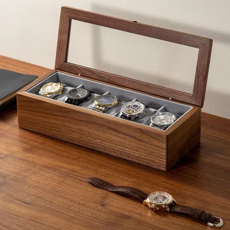 Eloria Walnut Watch Display Case Top for Men with Glass Lid & Soft Microfiber Interior