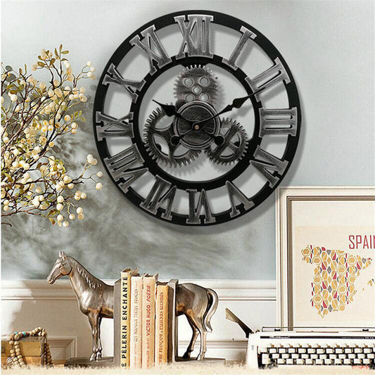 Industrial Gear Wall Clock – Vintage Metal and Wood Design for Home or Office Decor 0