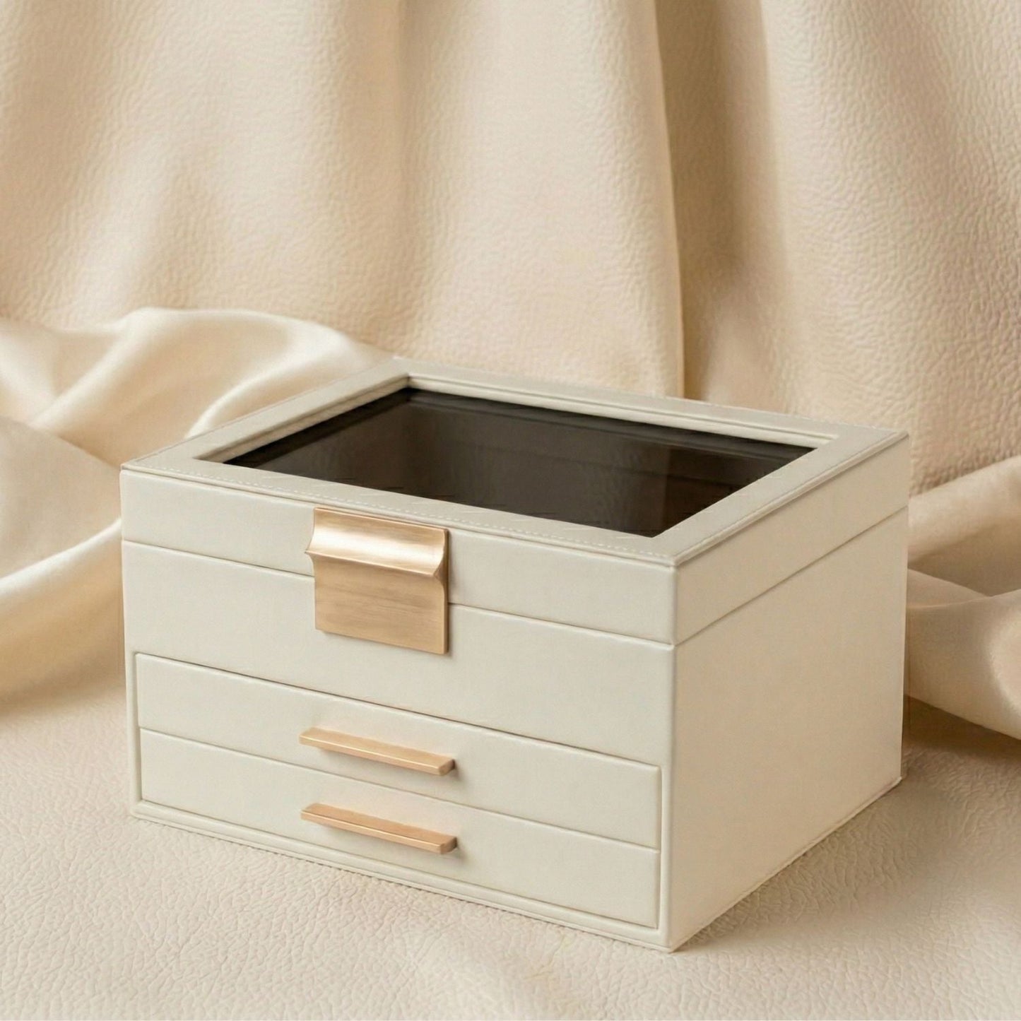 Jewelry Box Organizer | 3 Tier | 19 Compartments | Glass Top | Velvet Lining | Gold Handle | White 1