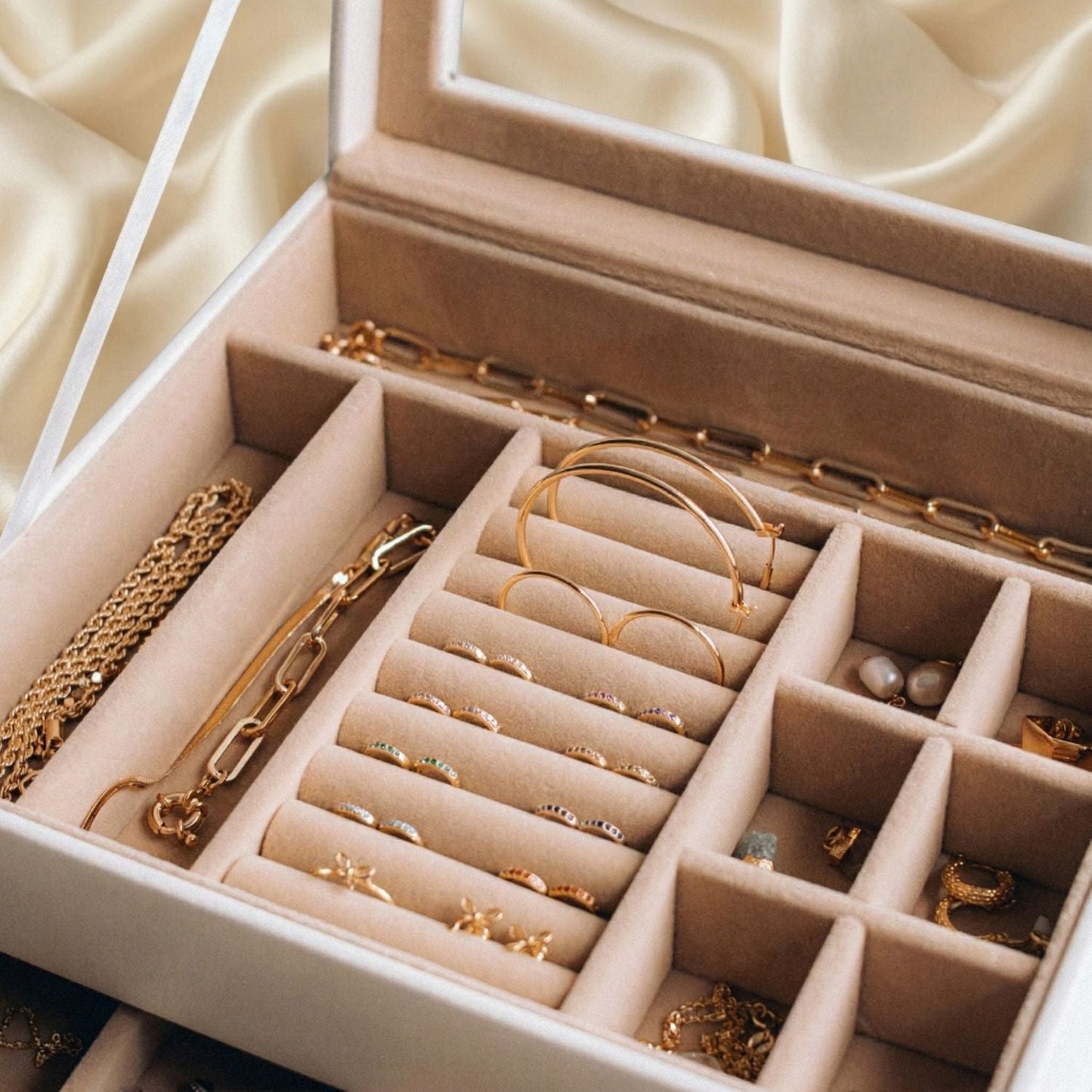 Jewelry Box Organizer | 3 Tier | 19 Compartments | Glass Top | Velvet Lining | Gold Handle | White 2