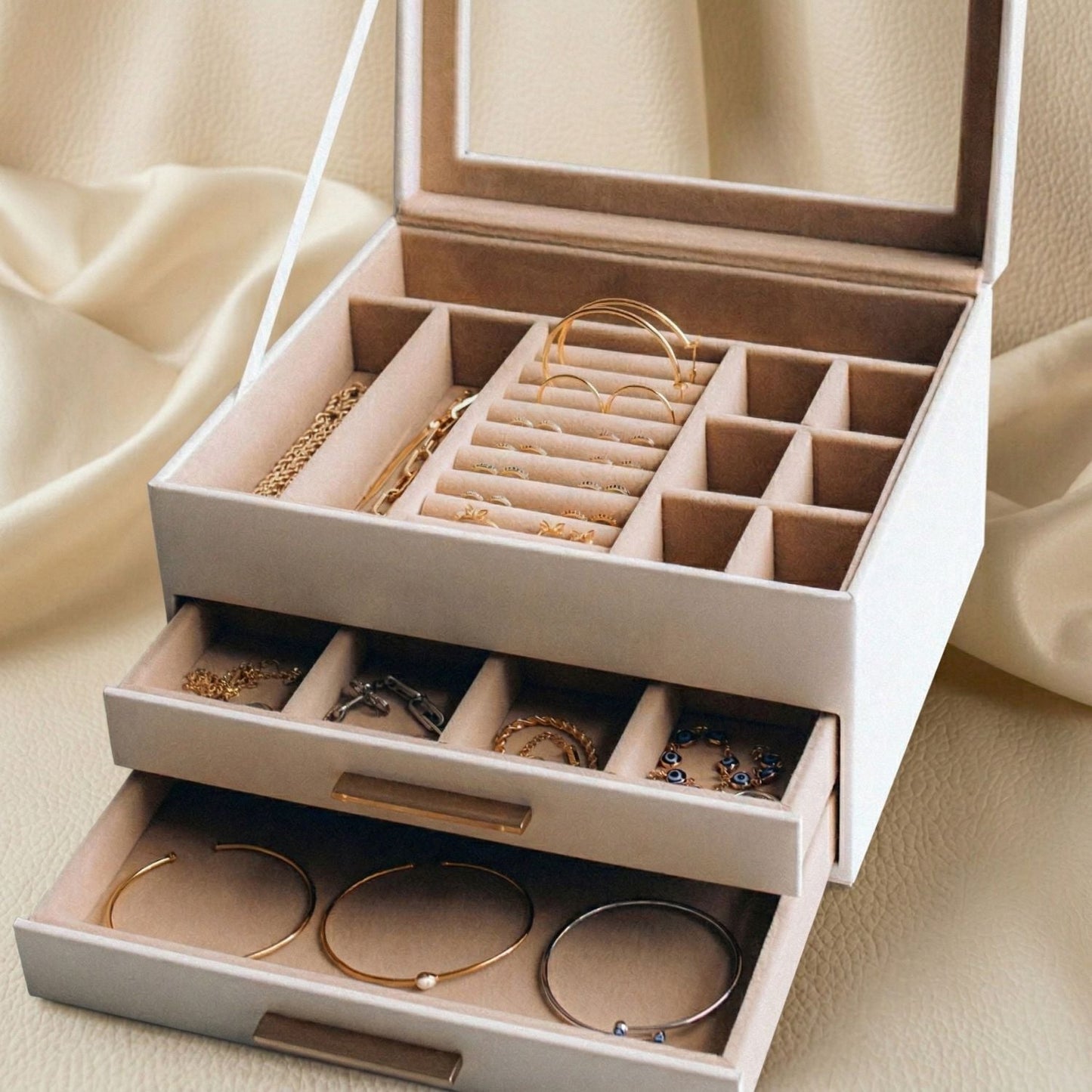 Jewelry Box Organizer | 3 Tier | 19 Compartments | Glass Top | Velvet Lining | Gold Handle | White 3