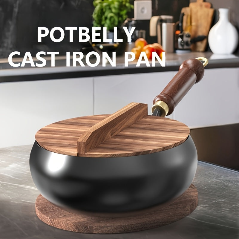 LuxRoyale Cast Iron Potbelly Pan with Lid Heavy-Duty Even Heat Frying Cookware 7