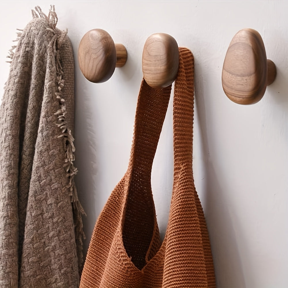 Luxora Wooden Wall Coat Hooks - 4pc Drill-Free Pebble Shape Hanger 2