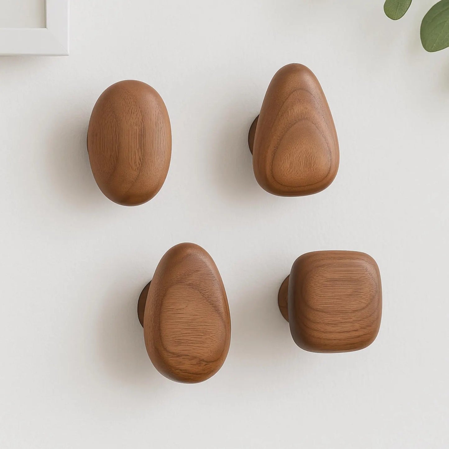 Luxora Wooden Wall Coat Hooks - 4pc Drill-Free Pebble Shape Hanger 4