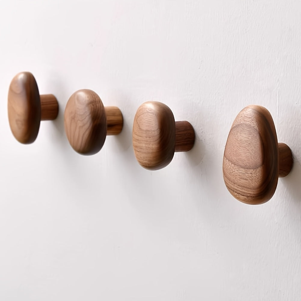 Luxora Wooden Wall Coat Hooks - 4pc Drill-Free Pebble Shape Hanger 5