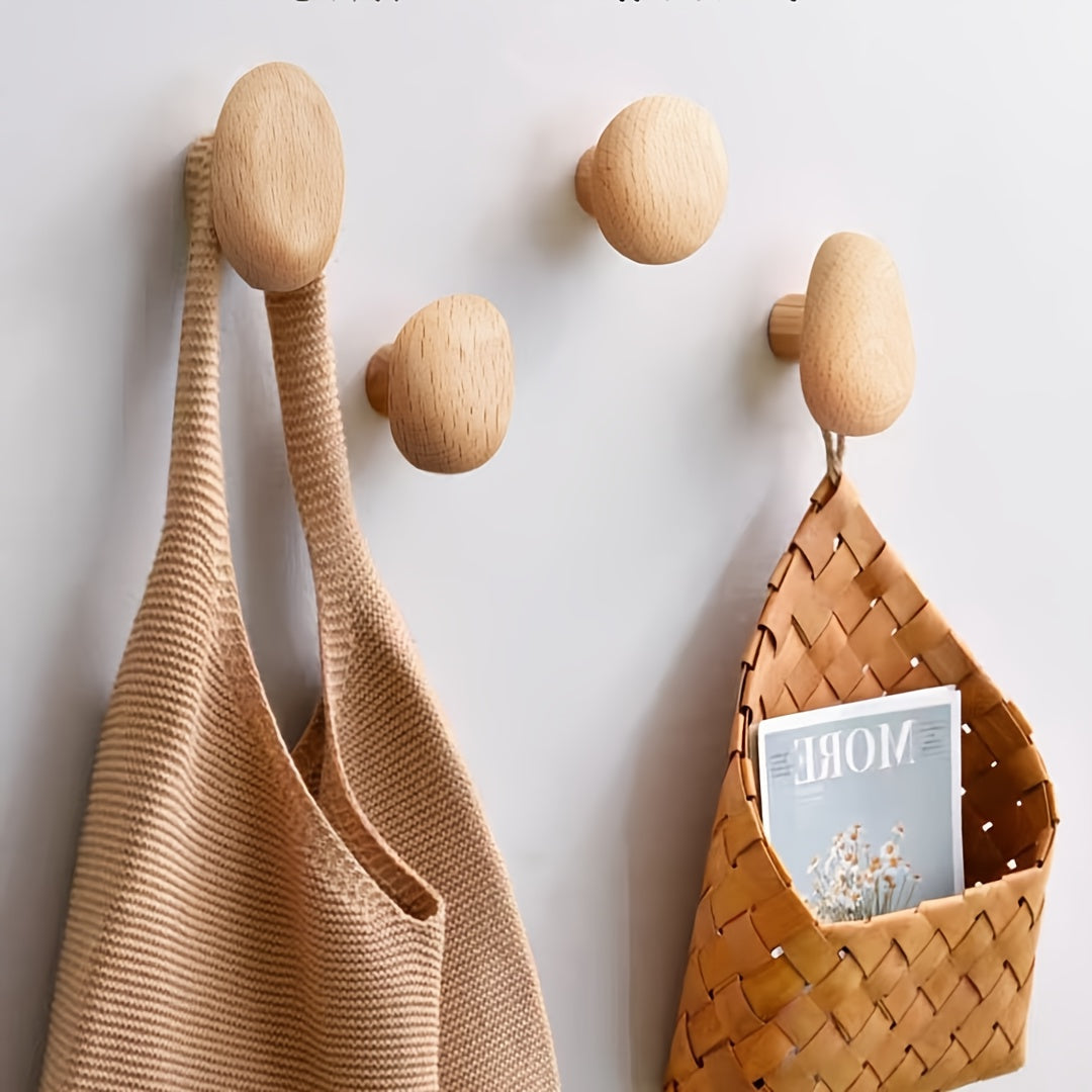 Luxora Wooden Wall Coat Hooks - 4pc Drill-Free Pebble Shape Hanger 6