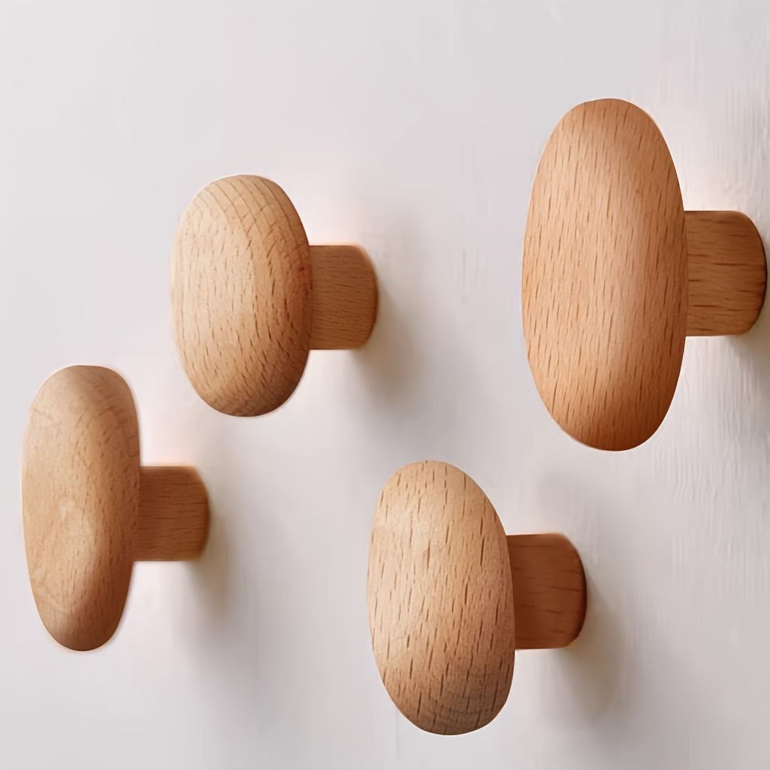 Luxora Wooden Wall Coat Hooks - 4pc Drill-Free Pebble Shape Hanger 7