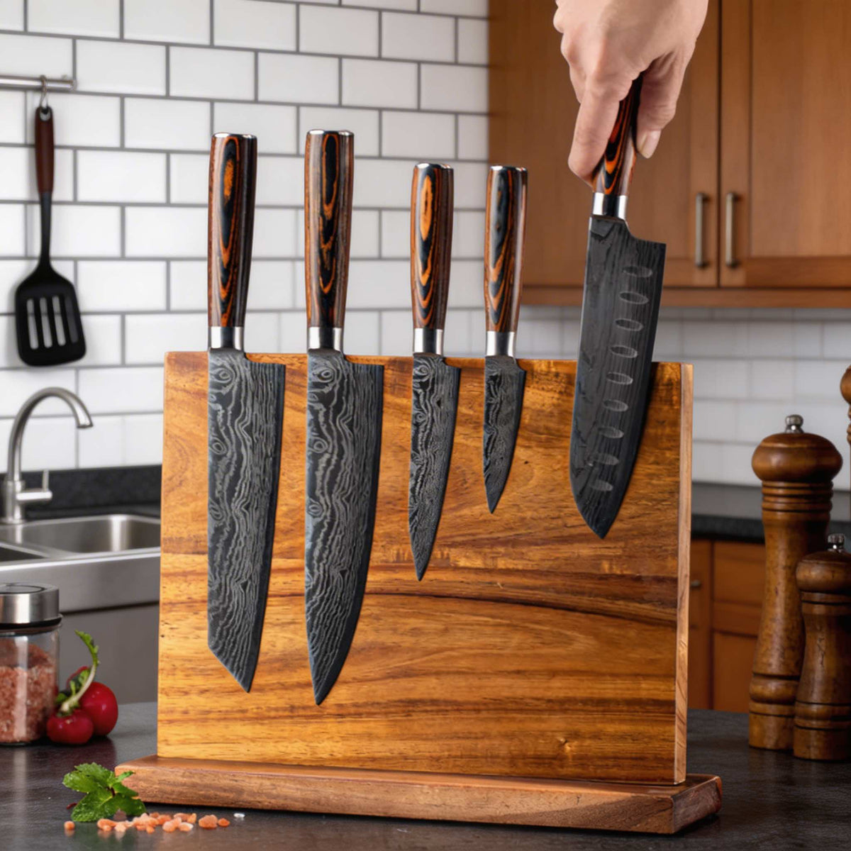 Modern Double-Sided Knife Holder Wooden Magnetic Storage Block for Kitchen with Secure Knife Organization 0