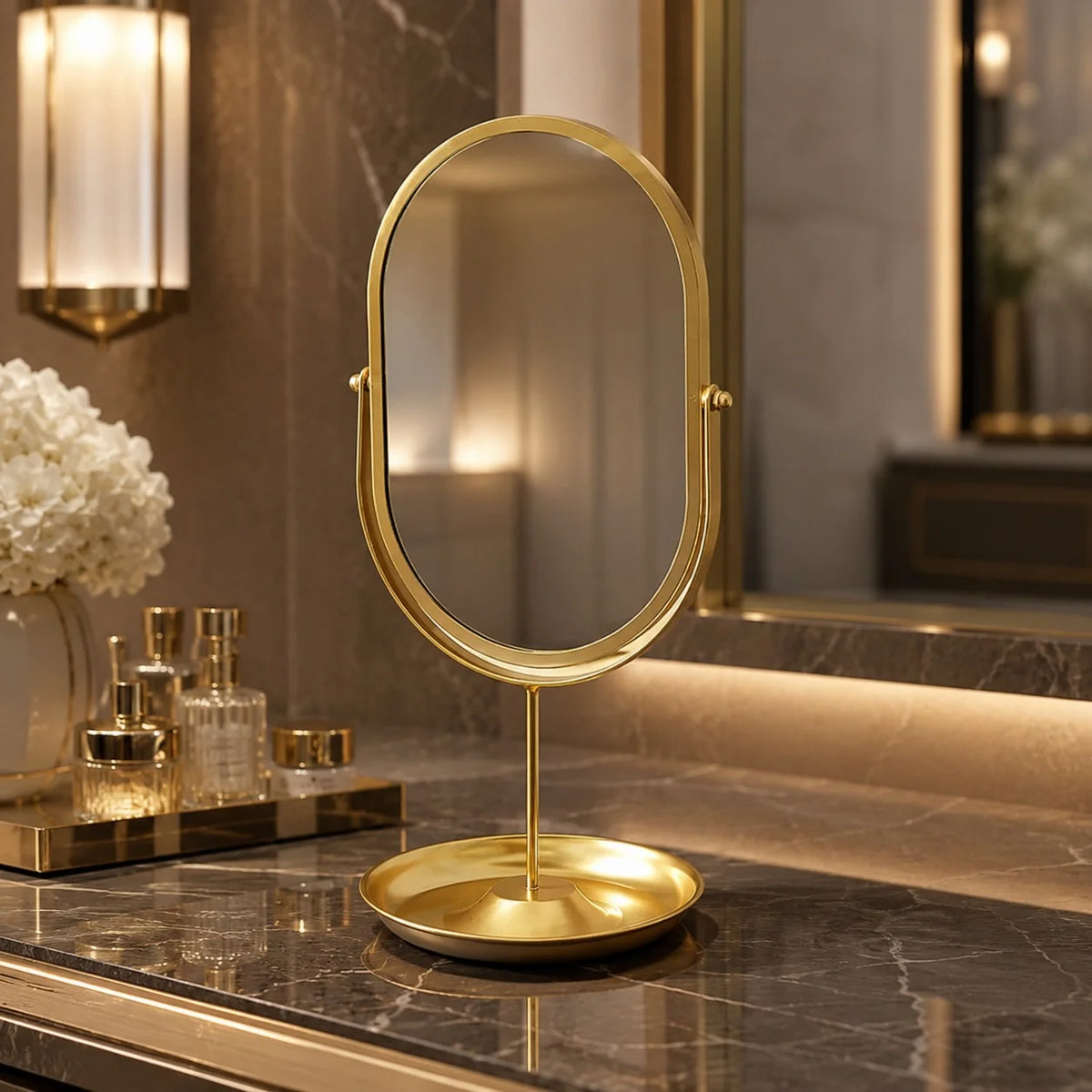 Modern Oval Makeup Mirror 360° Rotating Desktop Stand Wrought Iron Frame with HD Glass 0
