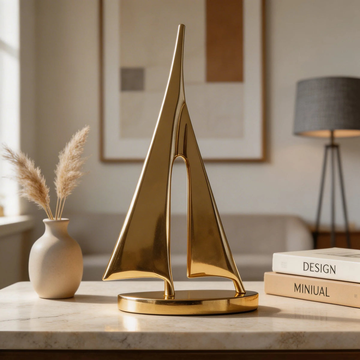 Modern Sailboat Sculpture Decorative Accent Copper Material Gold Finish 7.9 in Height 0