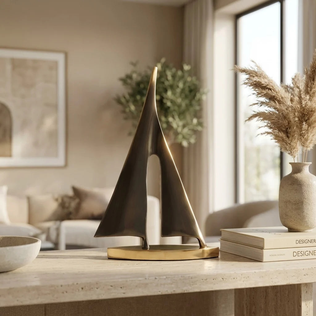 Modern Sailboat Sculpture Decorative Accent Copper Material Gold Finish 7.9 in Height 1