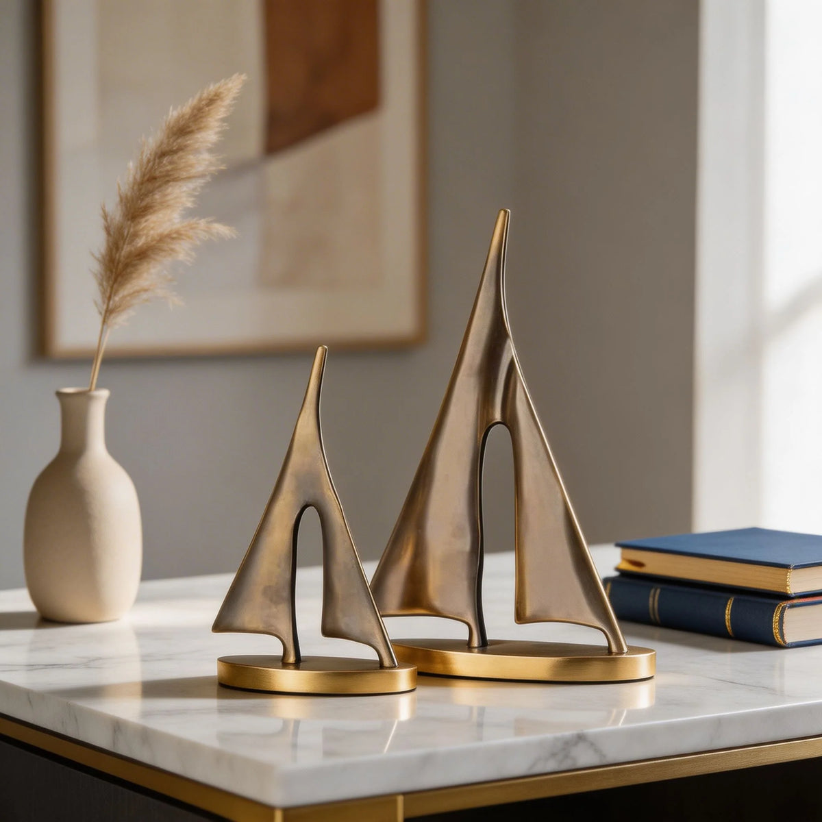 Modern Sailboat Sculpture Decorative Accent Copper Material Gold Finish 7.9 in Height 5