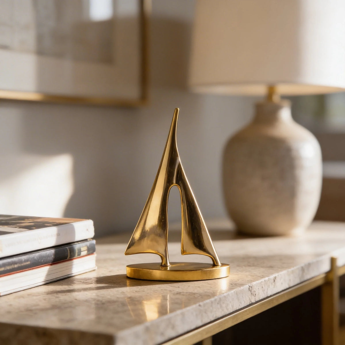 Modern Sailboat Sculpture Decorative Accent Copper Material Gold Finish 7.9 in Height 6