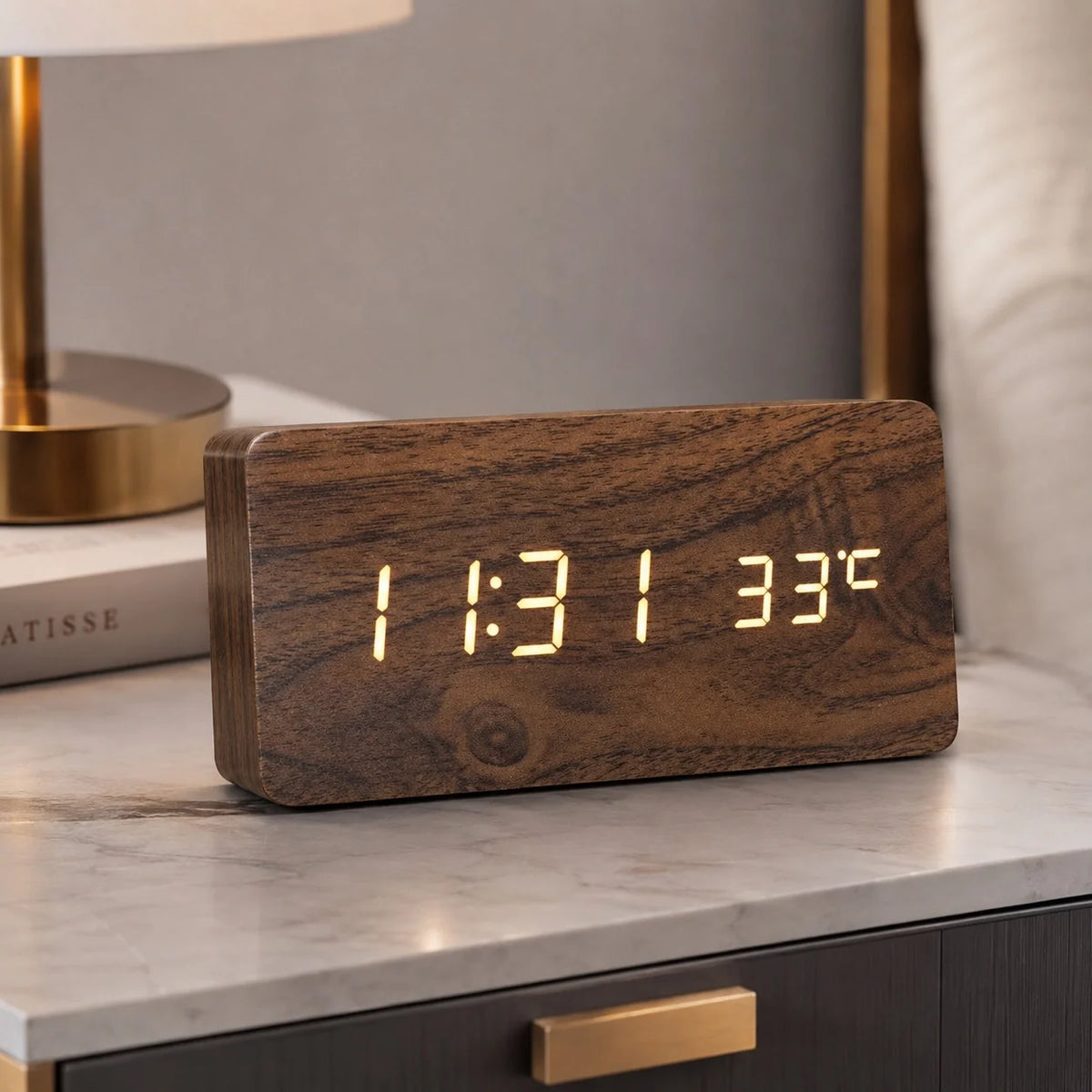 Modern Timber Digital Alarm Clock with Adjustable Brightness and LED Display 0