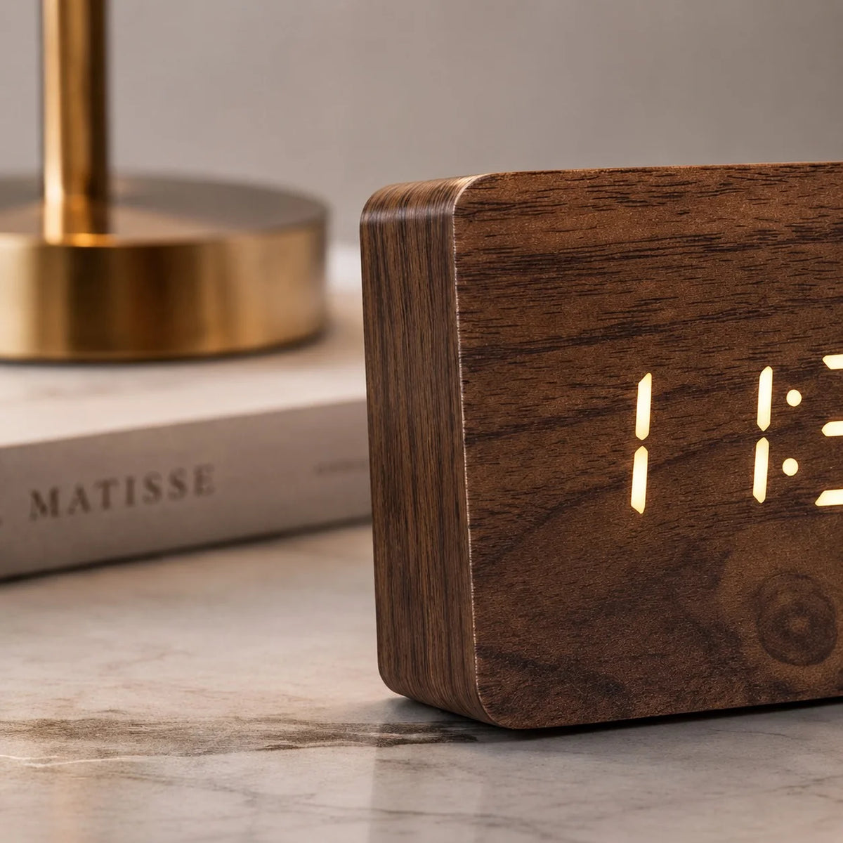 Modern Timber Digital Alarm Clock with Adjustable Brightness and LED Display 1