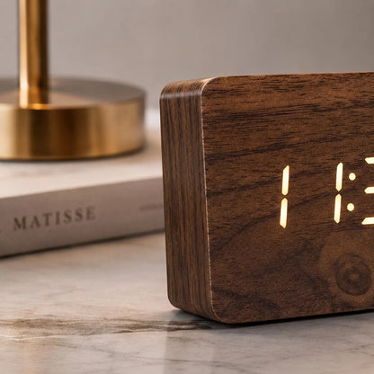 Modern Timber Digital Alarm Clock with Adjustable Brightness and LED Display 1