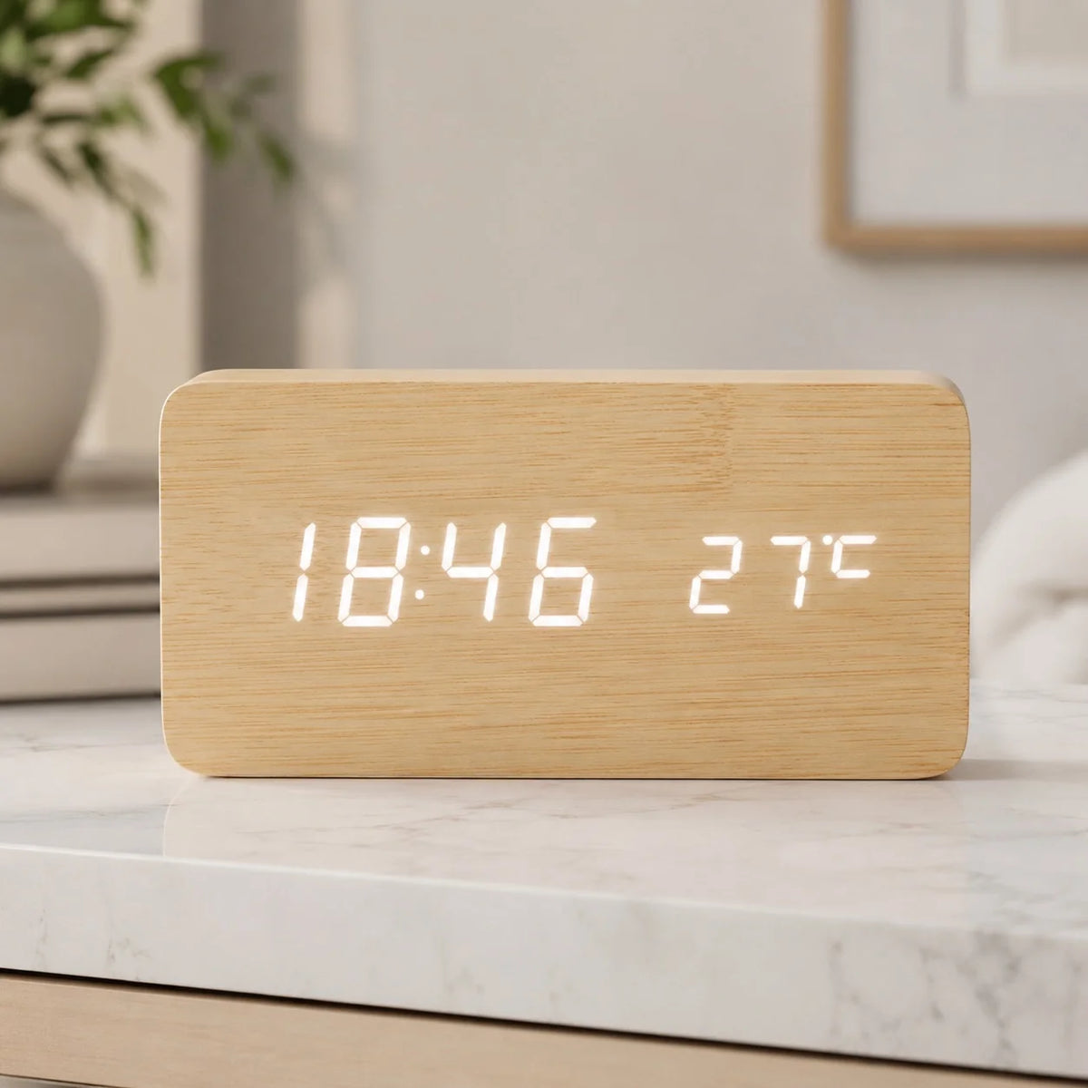 Modern Timber Digital Alarm Clock with Adjustable Brightness and LED Display 2