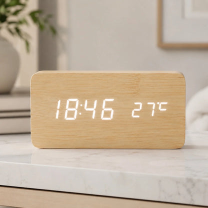Modern Timber Digital Alarm Clock with Adjustable Brightness and LED Display 2