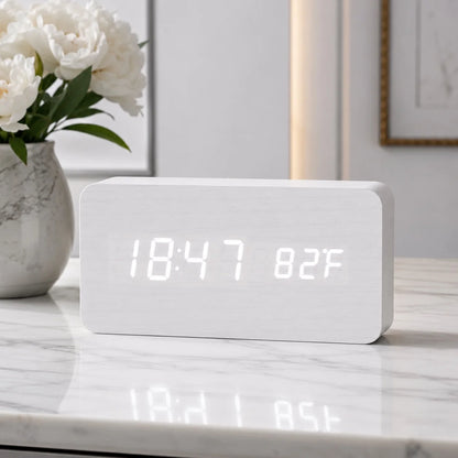 Modern Timber Digital Alarm Clock with Adjustable Brightness and LED Display 3