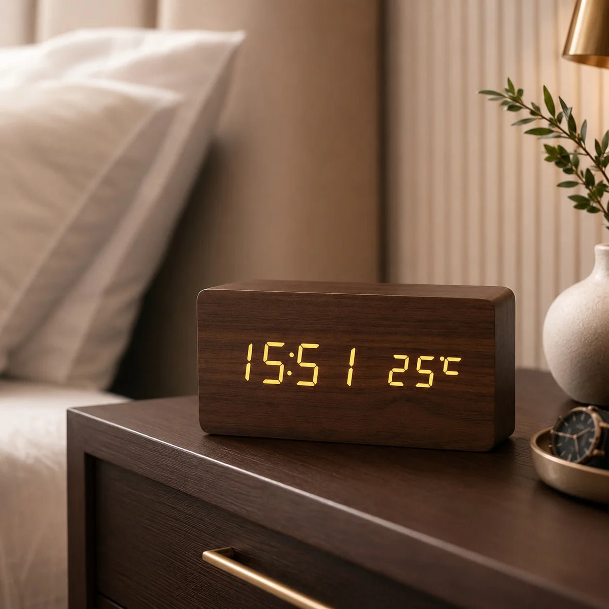 Modern Timber Digital Alarm Clock with Adjustable Brightness and LED Display 4