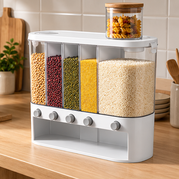Royeva 5 Compartment Airtight Rice Dispenser And Kitchen Pantry Storage Container