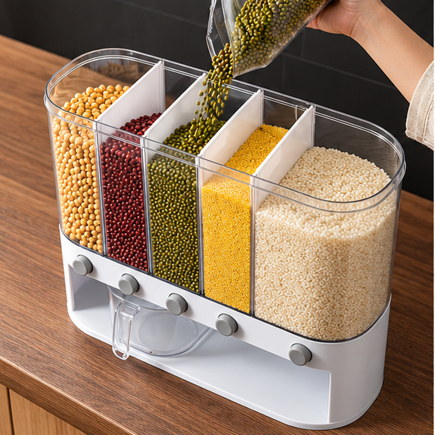 Royeva 5 Compartment Airtight Rice Dispenser And Kitchen Pantry Storage Container