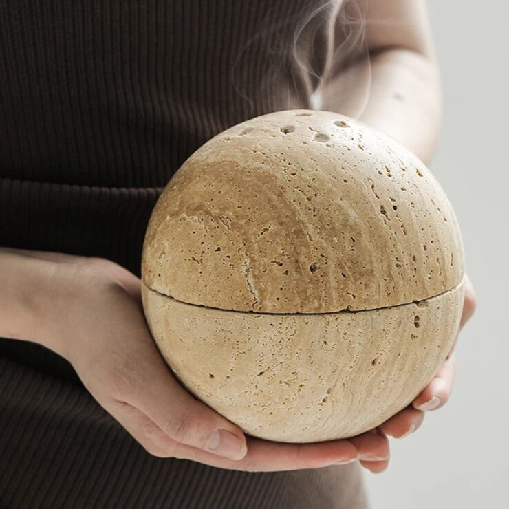 Royora Travertine Stone Orb Incense Burner - Elegant Home Decor and Aromatherapy