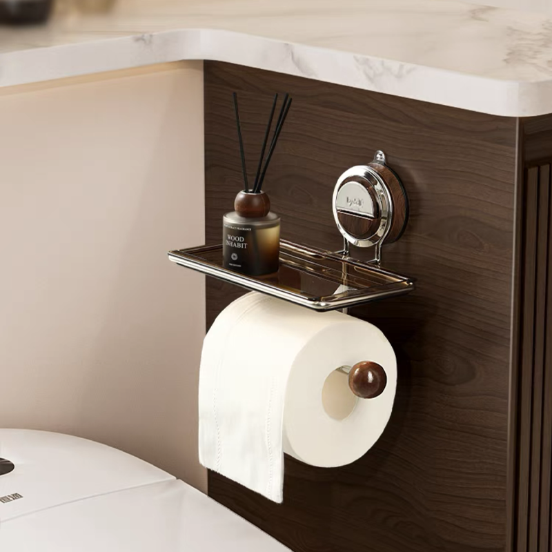 No-Drill Suction Toilet Paper Holder Stand with Wood-Grain Design – Stainless Steel, Easy Installation for Smooth Surfaces 5
